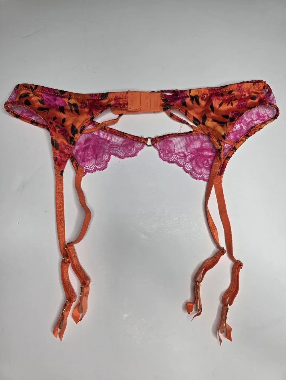 NEW Victoria's Secret Garter Pink Orange Satin Lace Floral XS